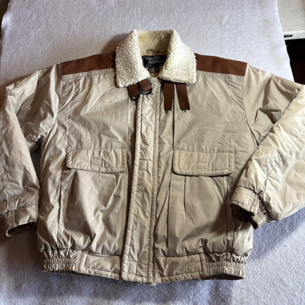 Vintage Van Cort Active Outerwear Mens Size M‎ Beige Sherpa Collar Bomber Jacket
